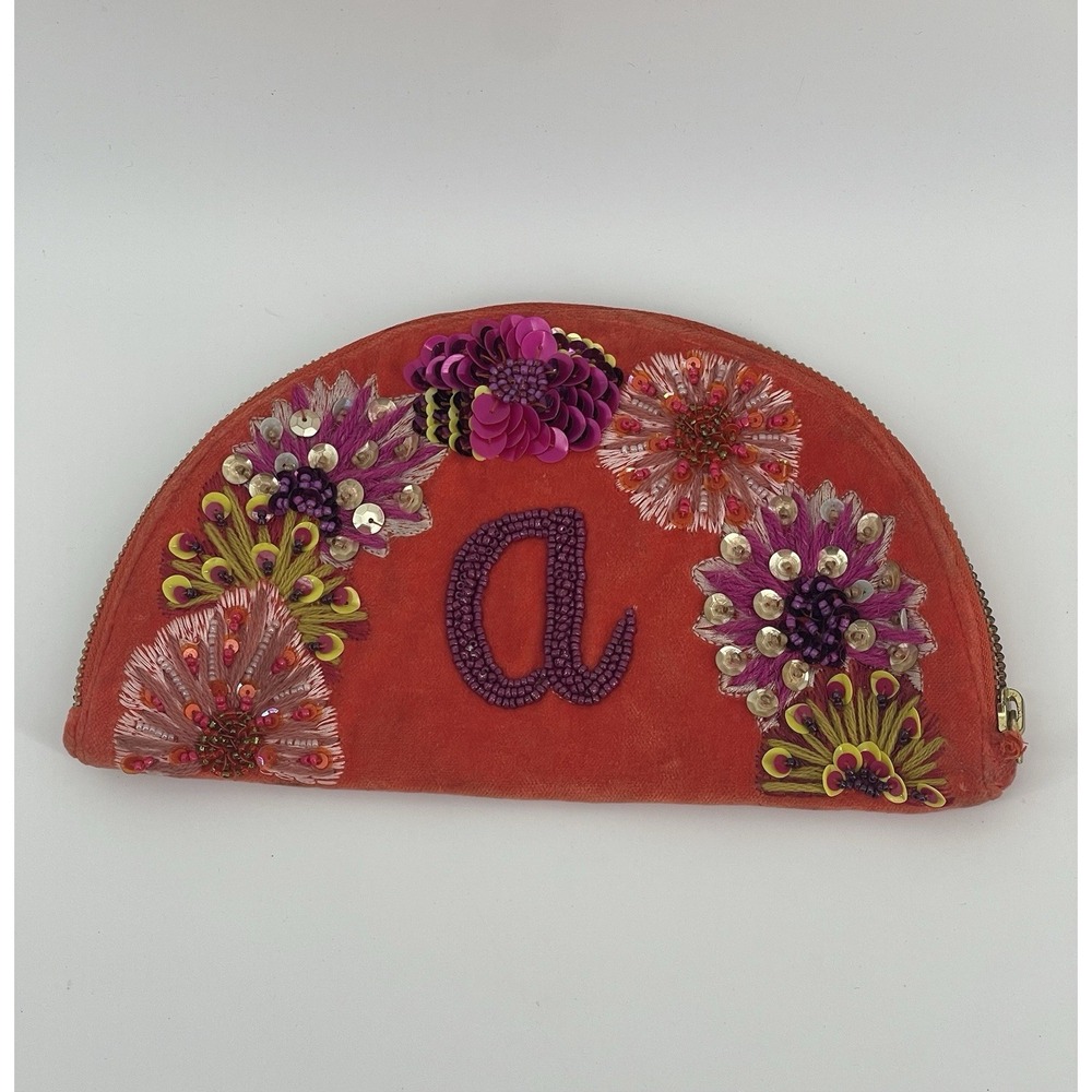 Anthropologie X Anna Harlow "A" Clutch Bag Women Velvet Beaded Floral Zip Pouch